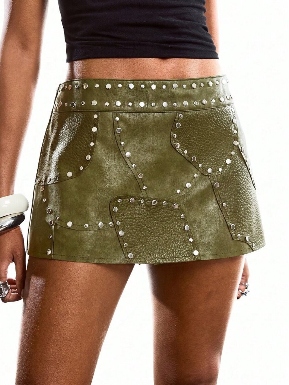 Olive Green Casual Women's Minimalist Punk Style Rivet Decor Mini Skirt